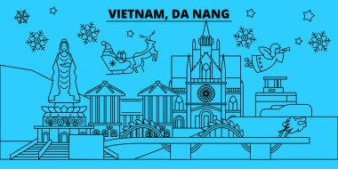 Vietnam Da Nang kış tatil manzarası. Mutlu Noeller, mutlu yeni yıl afiş Santa Claus.Vietnam, Da Nang doğrusal Noel şehir vektör düz çizim ile dekore edilmiş