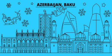 Azerbaycan, Bakü kış tatil manzarası. Mutlu Noeller, mutlu yeni yıl afiş Santa Claus.Flat, Anahat vektör ile dekore edilmiştir. Azerbaycan, Bakü doğrusal Noel şehir şekil