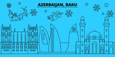 Azerbaycan, Bakü şehir kış tatil manzarası. Mutlu Noeller, mutlu yeni yıl afiş Santa Claus.Flat, Anahat vektör ile dekore edilmiştir. Azerbaycan, Bakü şehir doğrusal Noel şehir şekil