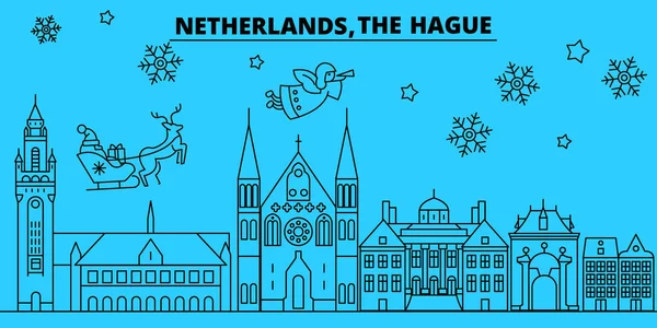 Pays-Bas, La Haye vacances d'hiver skyline. Joyeux Noël, Bonne année décorée bannière avec Santa Claus.Pays-Bas, La Haye linéaire Noël ville vecteur plat illustration — Image vectorielle