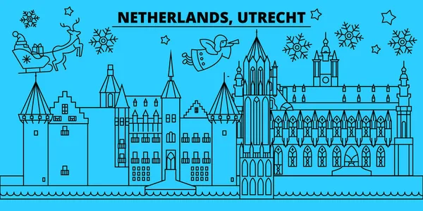 Holandia, Utrecht zimowe wakacje panoramę. Wesołych Świąt, szczęśliwego nowego roku urządzone banner z Santa Claus.Netherlands, Utrecht liniowe Boże Narodzenie miasta płaskie ilustracja wektorowa — Wektor stockowy