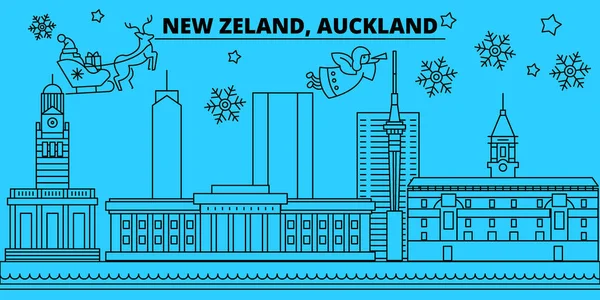 Nueva Zelanda, Auckland horizonte de vacaciones de invierno. Feliz Navidad, Feliz Año Nuevo decorado banner con Santa Claus.New Zealand, Auckland lineal navidad vector de la ciudad plana ilustración — Vector de stock