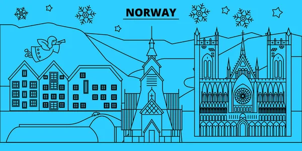 Noruega férias de inverno horizonte. Feliz Natal, Feliz Ano Novo decorado banner com Papai Noel. Noruega linear natal cidade vetor plana ilustração —  Vetores de Stock