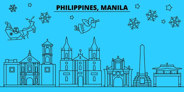 Filipinas, Manila horizonte de vacaciones de invierno. Feliz Navidad, Feliz Año Nuevo decorado banner con Santa Claus.Philippines, Manila lineal navidad ciudad vector plana ilustración — Vector de stock