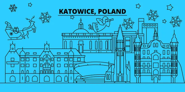 Polonia, Katowice horizonte de vacaciones de invierno. Feliz Navidad, Feliz Año Nuevo decorado banner con Santa Claus.Poland, Katowice lineal navidad ciudad vector plana ilustración — Vector de stock