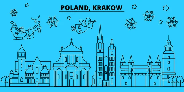 Poland, Krakow winter holidays skyline. Merry Christmas, Happy New Year decorated banner with Santa Claus.poland, Krakow linear christmas city vector flat illustration — Stock Vector