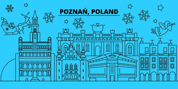 Polen, Posen Winterurlaub Skyline. Frohe Weihnachten, ein frohes neues Jahr dekoriert Banner mit Weihnachtsmann claus.poland, Posen lineare Weihnachten Stadt Vektor flache Illustration — Stockvektor