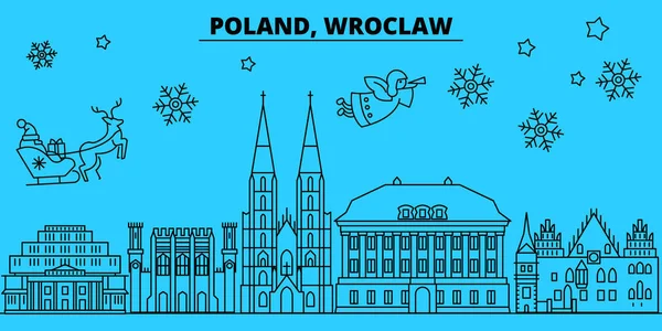Pologne, Wroslaw vacances d'hiver skyline. Joyeux Noël, Bonne année décorée bannière avec Santa Claus.Poland, Wroslaw linéaire Noël ville vecteur plat illustration — Image vectorielle