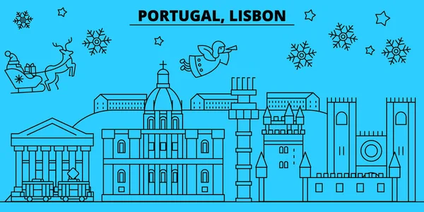 Португалия, зимние каникулы в Лиссабоне. Счастливого Рождества, с Новым годом, украшенный баннер с Санта-Клаусом. — стоковый вектор