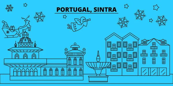 Portugal, Sintra horizonte de vacaciones de invierno. Feliz Navidad, Feliz Año Nuevo decorado banner con Santa Claus.Portugal, Sintra lineal navidad ciudad vector plana ilustración — Vector de stock