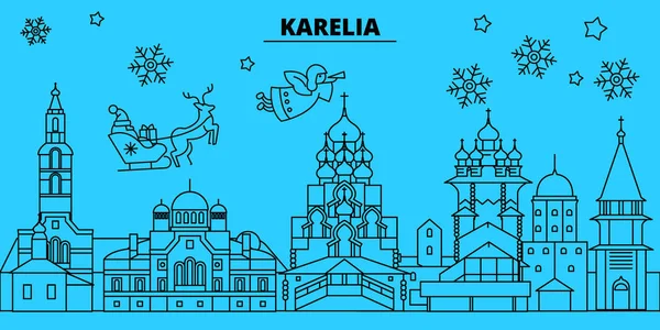 Rusia, Karelia horizonte de vacaciones de invierno. Feliz Navidad, Feliz Año Nuevo decorado banner con Santa Claus.Russia, Karelia lineal navidad ciudad vector plana ilustración — Vector de stock