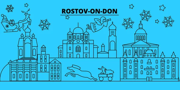 Russie, Rostov-sur-le-Don vacances d'hiver horizon. Joyeux Noël, Bonne année décorée bannière avec Santa Claus.Russia, Rostov-sur-le-Don linéaire ville de Noël vecteur plat illustration — Image vectorielle