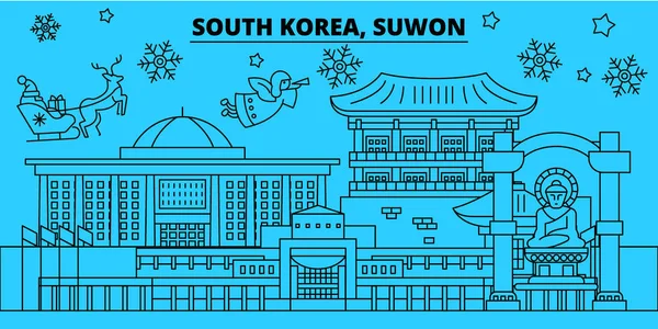 Corea del Sur, Suwon horizonte de vacaciones de invierno. Feliz Navidad, Feliz Año Nuevo decorado banner con Santa Claus.Flat, vector.South Corea, Suwon ilustración de la ciudad de Navidad lineal — Vector de stock