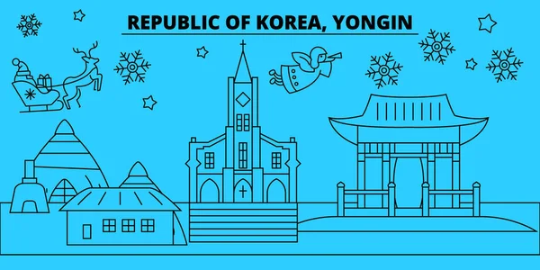 Corea del Sur, Yongin horizonte de vacaciones de invierno. Feliz Navidad, Feliz Año Nuevo decorado banner con Santa Claus.South Corea, Yongin lineal navidad ciudad vector plana ilustración — Vector de stock