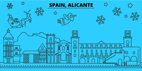 Spanyolország, Alicante téli ünnepek skyline. Kellemes karácsonyi ünnepeket, boldog új évet díszített Santa Claus.Spain, Alicante lineáris karácsonyi város vektor lapos illusztráció banner — Stock Vector