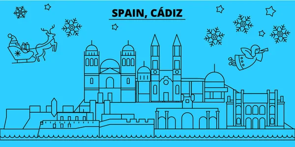 İspanya, Cadiz kış tatil manzarası. Mutlu Noeller, mutlu yeni yıl afiş Santa Claus.Spain, Cadiz doğrusal Noel şehir vektör düz çizim ile dekore edilmiş