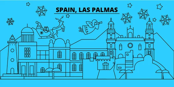 Spanyolország, Las Palmas téli ünnepek skyline. Kellemes karácsonyi ünnepeket, boldog új évet díszített Santa Claus.Spain, Las Palmas lineáris karácsonyi város vektor lapos illusztráció banner — Stock Vector