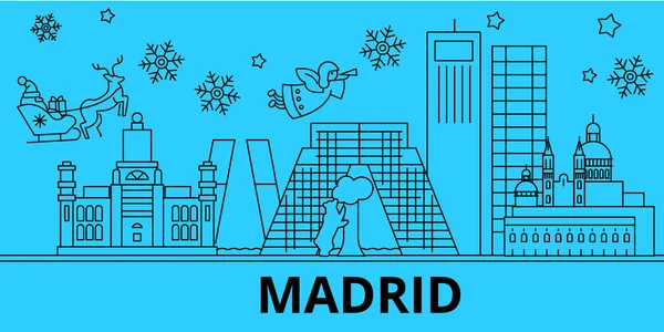 Spanje, Madrid winter vakantie skyline. Vrolijk kerstfeest, gelukkig Nieuwjaar ingericht banner met Santa Claus.Spain, Madrid lineaire kerst stad platte vectorillustratie — Stockvector