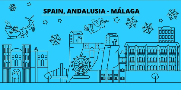 Ýspanya, Malaga, Andalusia kış tatil manzarası. Mutlu Noeller, mutlu yeni yıl afiş Santa Claus.Flat, Anahat vektör ile dekore edilmiştir. Ýspanya, Malaga, Andalusia doğrusal Noel şehir şekil