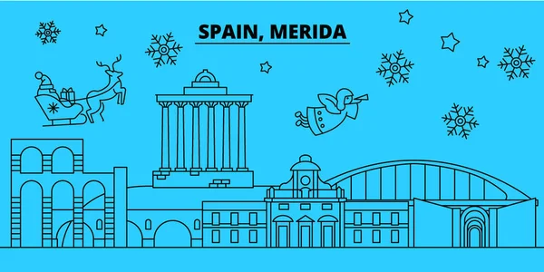 Spanyolország, Merida téli ünnepek skyline. Kellemes karácsonyi ünnepeket, boldog új évet díszített Santa Claus.Spain, Merida lineáris karácsonyi város vektor lapos illusztráció banner — Stock Vector