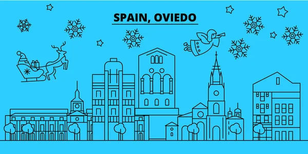 Spanyolország, Oviedo téli ünnepek skyline. Kellemes karácsonyi ünnepeket, boldog új évet díszített Santa Claus.Spain, Oviedo lineáris karácsonyi város vektor lapos illusztráció banner — Stock Vector