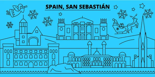 İspanya, San Sebastian kış tatil manzarası. Mutlu Noeller, mutlu yeni yıl afiş Santa Claus.Flat, Anahat vektör ile dekore edilmiştir. İspanya, San Sebastian doğrusal Noel şehir şekil