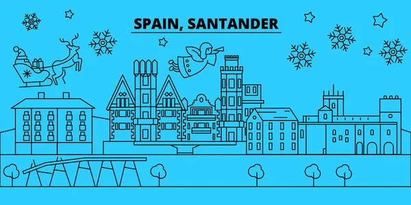 Spanyolország, Santander téli ünnepek skyline. Kellemes karácsonyi ünnepeket, boldog új évet díszített Santa Claus.Spain, Santander lineáris karácsonyi város vektor lapos illusztráció banner — Stock Vector