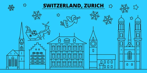 Suiza, Zurich horizonte de vacaciones de invierno. Feliz Navidad, Feliz Año Nuevo decorado banner con Santa Claus.Switzerland, Zurich lineal navidad ciudad vector plana ilustración — Vector de stock