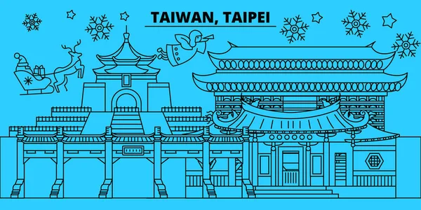 Taiwán, Taipei horizonte de vacaciones de invierno. Feliz Navidad, Feliz Año Nuevo decorado banner con Santa Claus.Taiwan, Taipei lineal navidad ciudad vector plana ilustración — Vector de stock