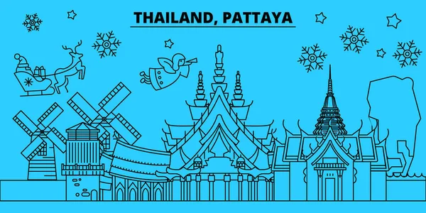 Tailandia, Pattaya- horizonte de vacaciones de invierno. Feliz Navidad, Feliz Año Nuevo decorado banner con Santa Claus.Thailand, Pattaya- lineal navidad ciudad vector plana ilustración — Vector de stock