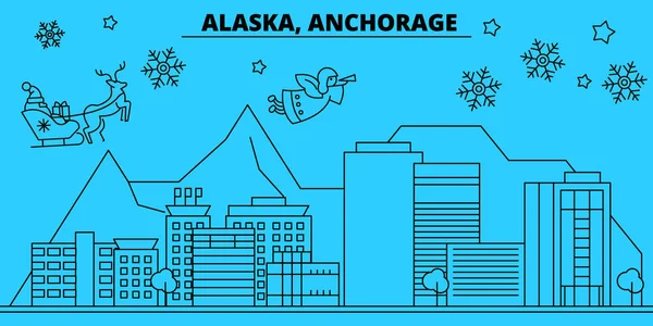 United States, Anchorage winter holidays skyline. Merry Christmas, Happy New Year decorated banner with Santa Claus.United States, Anchorage linear christmas city vector flat illustration — Stock Vector