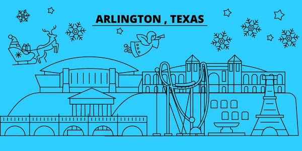 USA, Arlington vintern semester silhuett. God jul, gott nytt år dekorerad banner med Santa Claus.United staterna, Arlington linjär jul city platt vektorillustration — Stock vektor
