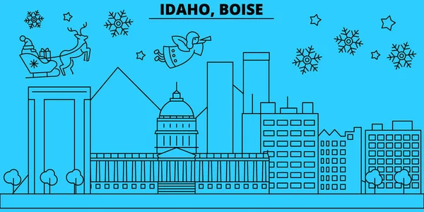 Estados Unidos, Boise horizonte de vacaciones de invierno. Feliz Navidad, Feliz Año Nuevo decorado banner con Santa Claus.United States, Boise lineal navidad ciudad vector plana ilustración — Vector de stock