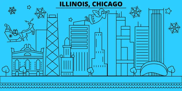 美国, 芝加哥寒假天际线。圣诞快乐, 新年快乐装饰与圣诞老人的横幅. 美国, 芝加哥线性圣诞城市向量平例证 — 图库矢量图片
