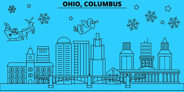 Estados Unidos, Columbus horizonte de vacaciones de invierno. Feliz Navidad, Feliz Año Nuevo decorado banner con Santa Claus.United States, Columbus lineal navidad ciudad vector plana ilustración — Vector de stock