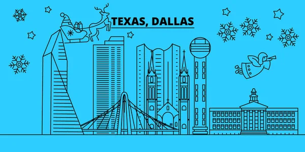 Verenigde Staten, Dallas winter vakantie skyline. Vrolijk kerstfeest, gelukkig Nieuwjaar ingericht banner met Santa Claus.United Staten, Dallas lineaire kerst stad platte vectorillustratie — Stockvector