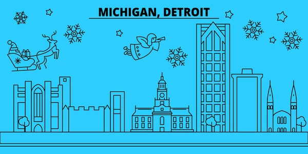 USA, Detroit vintern semester silhuett. God jul, gott nytt år dekorerad banner med Santa Claus.United staterna, Detroit linjär jul city platt vektorillustration — Stock vektor