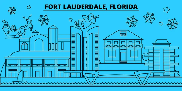 Estados Unidos, Fort Lauderdale horizonte de vacaciones de invierno. Feliz Navidad, Feliz Año Nuevo con Santa Claus.United States, Fort Lauderdale lineal navidad ciudad vector plano ilustración — Archivo Imágenes Vectoriales