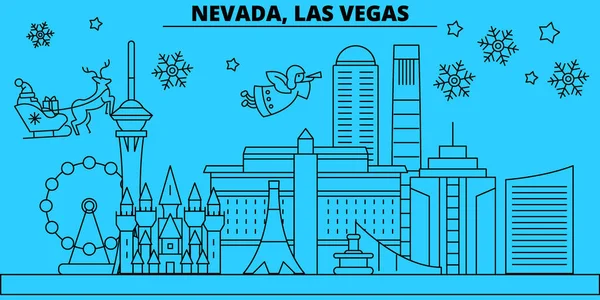 Amerika Birleşik Devletleri, Las Vegas kış tatil manzarası. Mutlu Noeller, mutlu yeni yıl afiş Santa Claus.United Birleşik, Las Vegas doğrusal Noel şehir vektör düz çizim ile dekore edilmiş — Stok Vektör