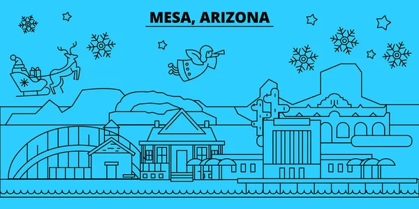 United States, Mesa winter holidays skyline. Merry Christmas, Happy New Year decorated banner with Santa Claus.United States, Mesa linear christmas city vector flat illustration — Stock Vector