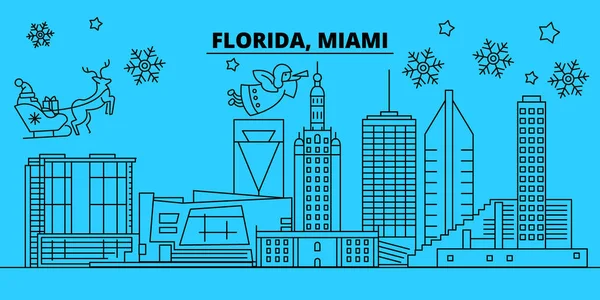 Estados Unidos, Miami horizonte de vacaciones de invierno. Feliz Navidad, Feliz Año Nuevo decorado banner con Santa Claus.United States, Miami lineal navidad ciudad vector plana ilustración — Vector de stock
