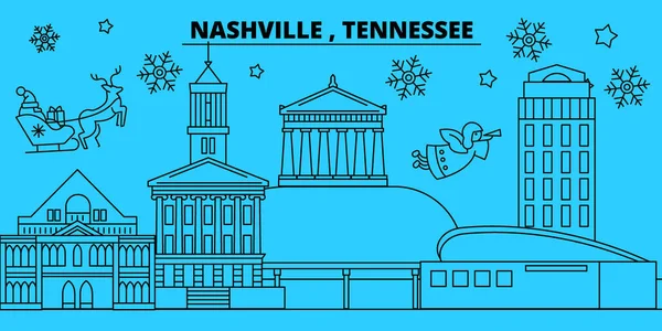 United States, Nashville winter holidays skyline. Merry Christmas, Happy New Year decorated banner with Santa Claus.United States, Nashville linear christmas city vector flat illustration — Stock Vector