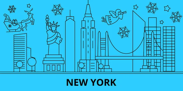 Egyesült Államok, New York-i téli ünnepek skyline. Kellemes karácsonyi ünnepeket, boldog új évet díszített Santa Claus.United Államokban, New York-i lineáris karácsonyi város vektor lapos illusztráció banner — Stock Vector