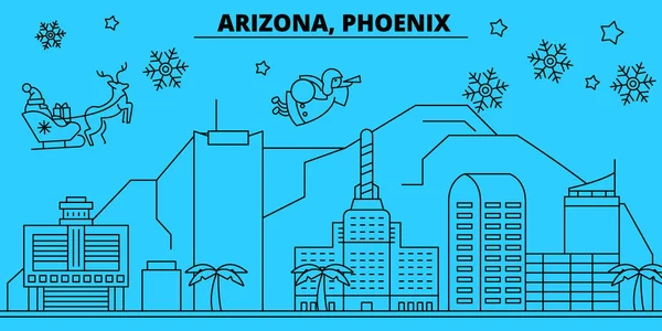 USA, Phoenix vintern semester silhuett. God jul, gott nytt år dekorerad banner med Santa Claus.United staterna, Phoenix linjär jul city platt vektorillustration — Stock vektor