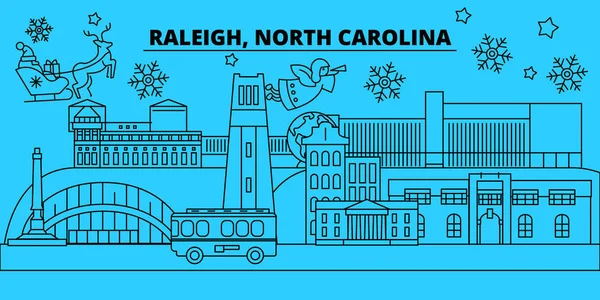 USA, Raleigh vintern semester silhuett. God jul, gott nytt år dekorerad banner med Santa Claus.United staterna, Raleigh linjär jul city platt vektorillustration — Stock vektor