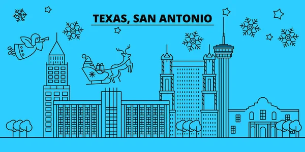 USA, San Antonio vintern semester silhuett. God jul, gott nytt år dekorerad banner med Santa Claus.United staterna, San Antonio linjär jul city platt vektorillustration — Stock vektor