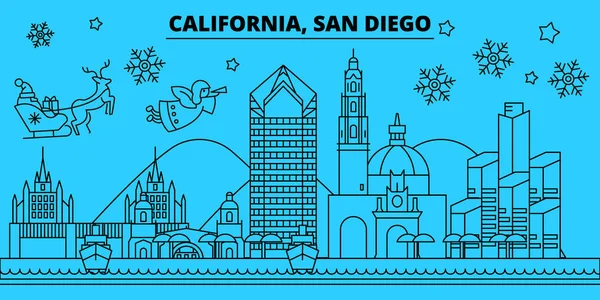 USA, San Diego vintern semester silhuett. God jul, gott nytt år dekorerad banner med Santa Claus.United staterna, San Diego linjär jul city platt vektorillustration — Stock vektor