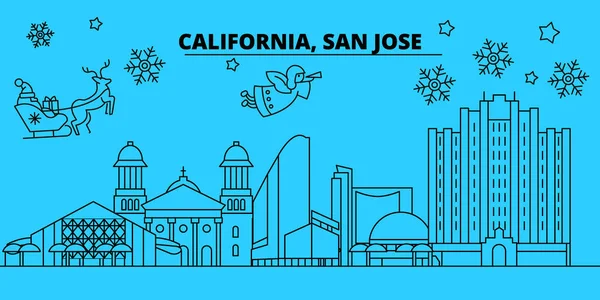 United States, San Jose winter holidays skyline. Merry Christmas, Happy New Year decorated banner with Santa Claus.United States, San Jose linear christmas city vector flat illustration — Stock Vector