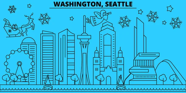 United States, Seattle winter holidays skyline. Merry Christmas, Happy New Year decorated banner with Santa Claus.United States, Seattle linear christmas city vector flat illustration — Stock Vector