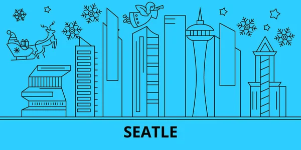 USA, Seattle vintern semester silhuett. God jul, gott nytt år dekorerad banner med Santa Claus.United staterna, Seattle staden linjär jul city platt vektorillustration — Stock vektor